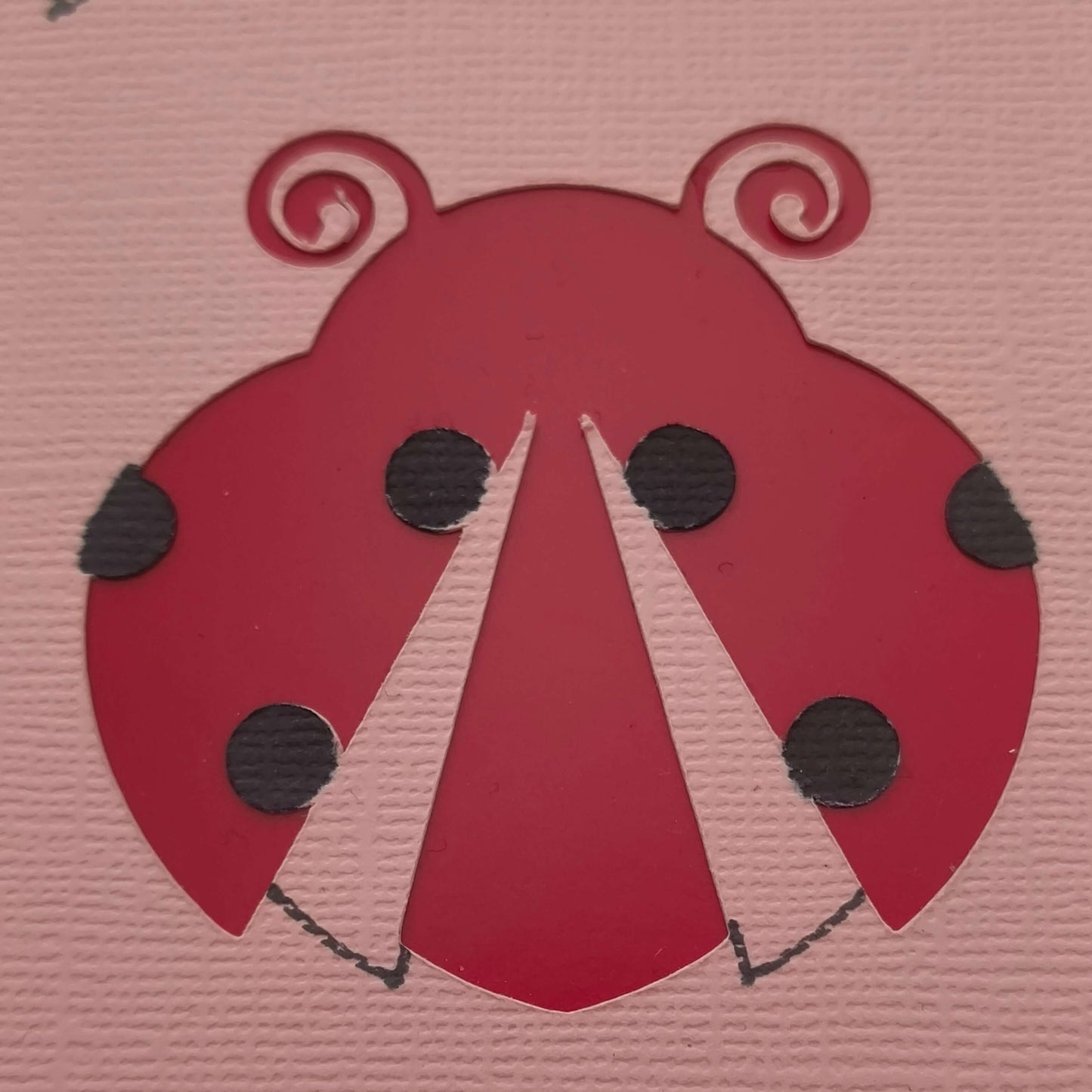 Close-up detail of a handmade red ladybird embellishment on pink textured cardstock, part of a greeting card design ideal for birthdays or well wishes.
