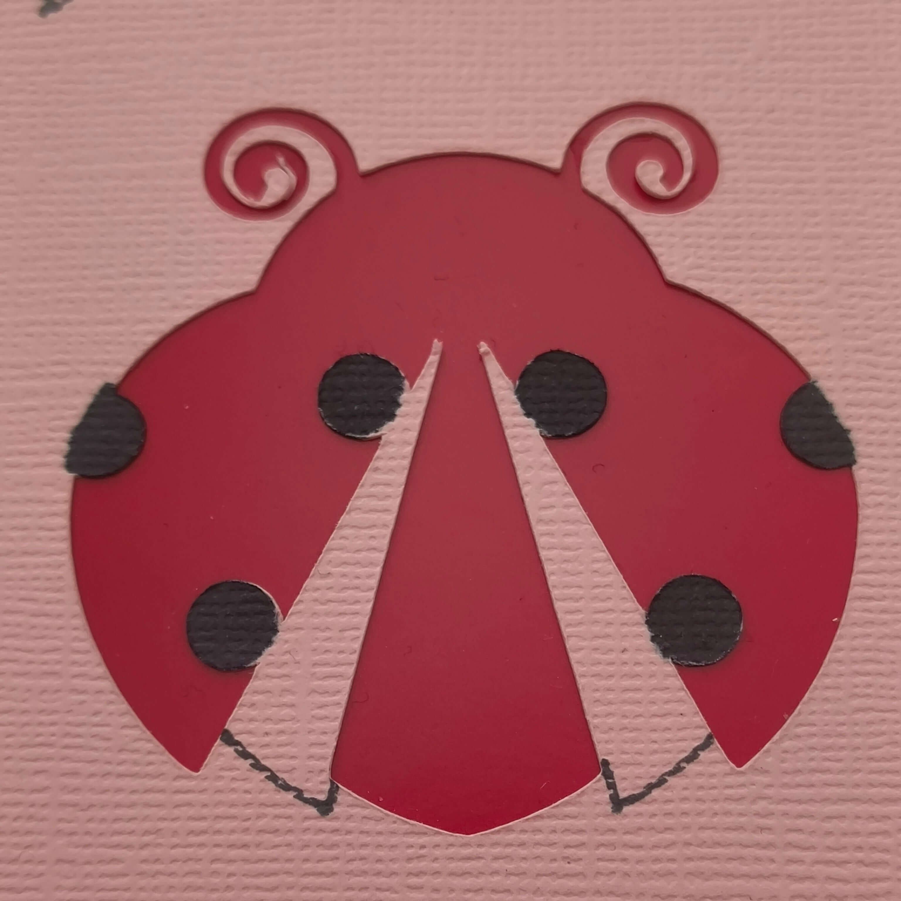 Close-up detail of a handmade red ladybird embellishment on pink textured cardstock, part of a greeting card design ideal for birthdays or well wishes.