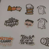 Loose Halloween stickers featuring designs like “Boo”, “Not a Ghost Just Dead Inside”, “Let’s Get Spooky”, “Trick or Treat”, and cute ghost characters.