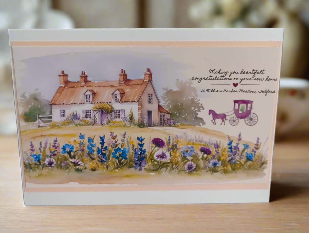 Front-facing image of a handmade New Home card featuring a charming countryside cottage with wildflowers and a purple horse-drawn carriage illustration, placed on a wooden surface with a soft, warm background.