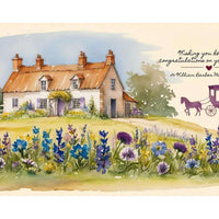 Full front-facing image of a handmade New Home card design featuring a charming country cottage, colourful wildflowers, and a purple horse-drawn carriage, with personalised congratulatory message for a new address.