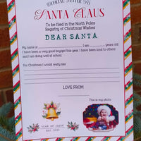 Official Letter to Santa Claus printable form with Christmas border, section for child’s name, age, good behaviour statement, and wish list, decorated with festive holly and bells.