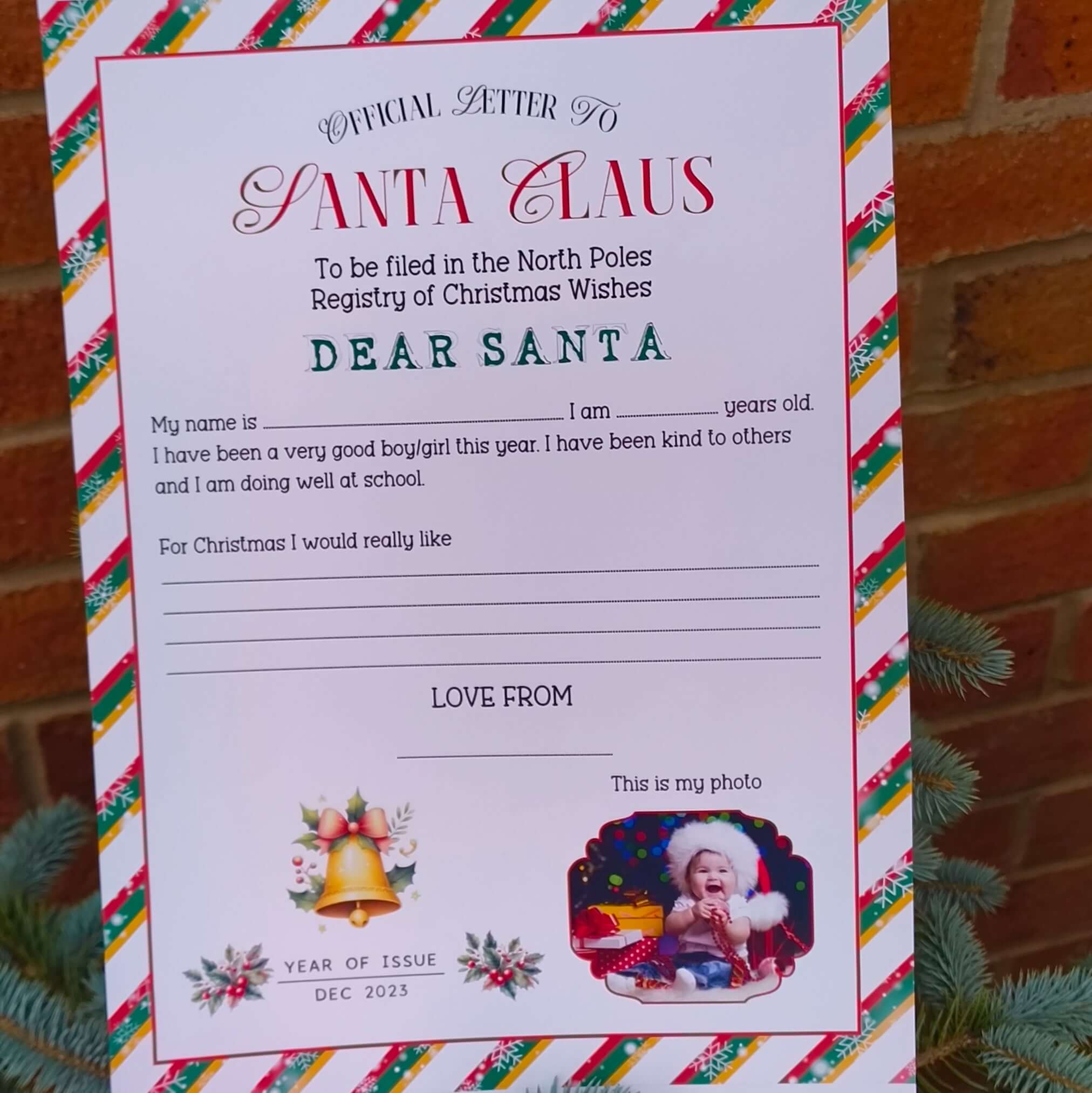 Official letter to Santa Claus included in personalised Christmas Eve box set, designed for children's Christmas wishes.