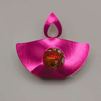 Pink metallic diya favour for Diwali, ideal for holding sweets and gifts, with a shiny finish.