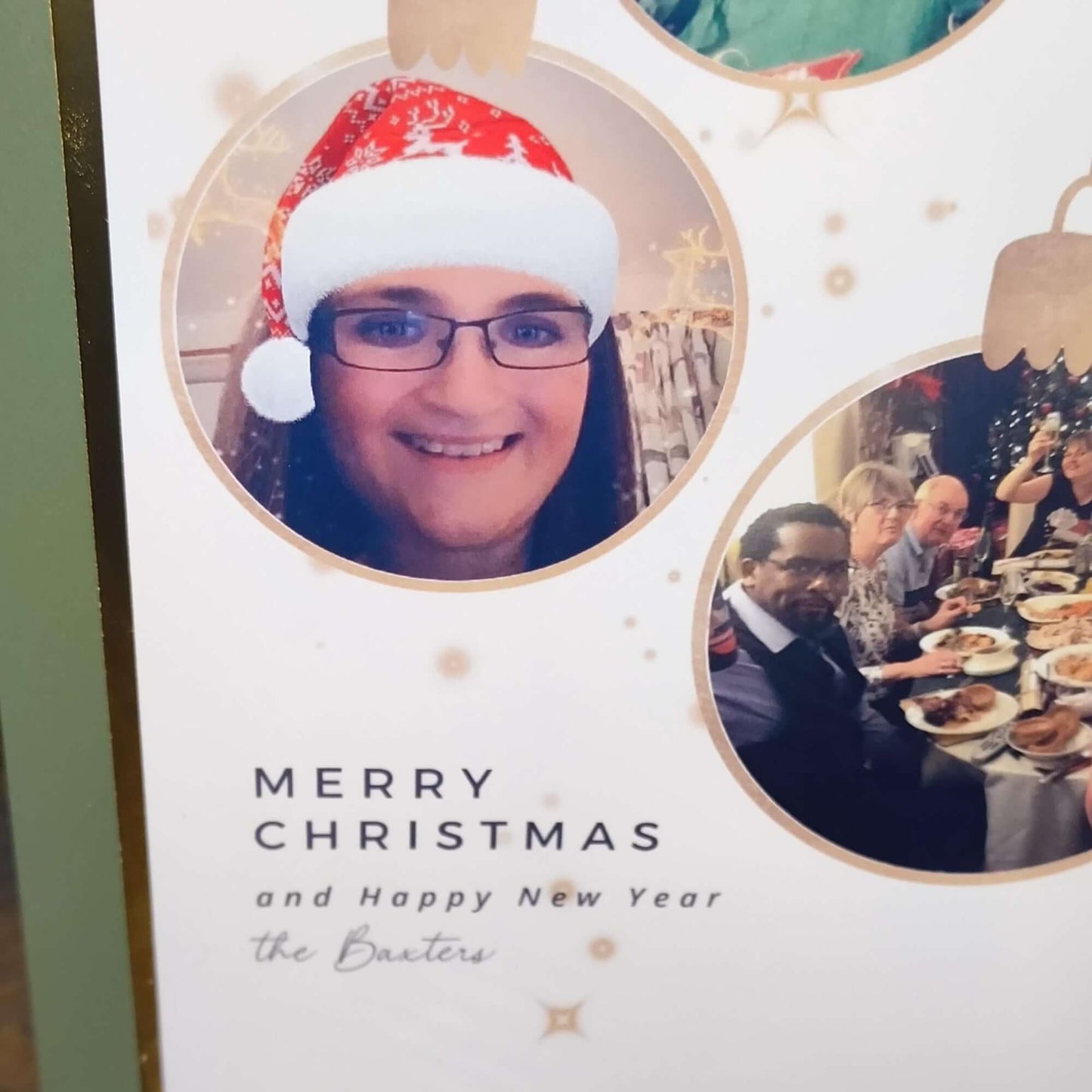 Personalised Christmas card – close-up cropped angle – festive photo card with Santa hat and family name message