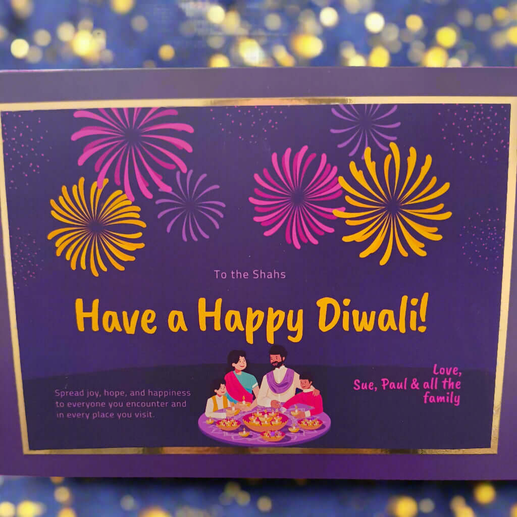 Personalised Diwali card with colourful fireworks, festive background lights, and a family lighting diyas. Includes a custom greeting message.