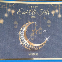 Luxury Eid al-Fitr card with shimmering gold crescent moon and lanterns, customisable with recipient’s name and message