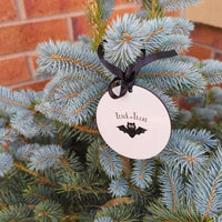 Personalised Halloween bauble with bat design and black ribbon, Trick or Treat hanging decoration.