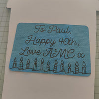 Personalised insert for coffee cup gift card holder in blue with birthday message and candle design.