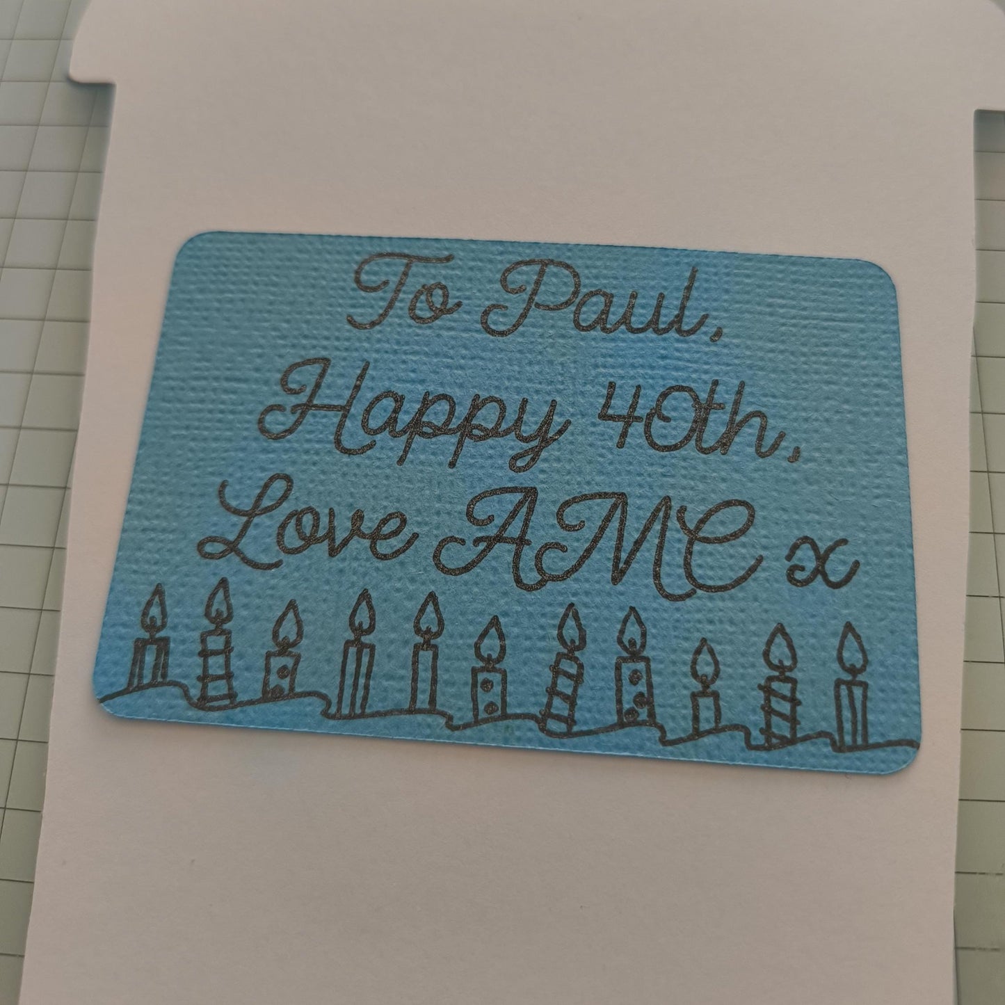 Personalised insert for coffee cup gift card holder in blue with birthday message and candle design.