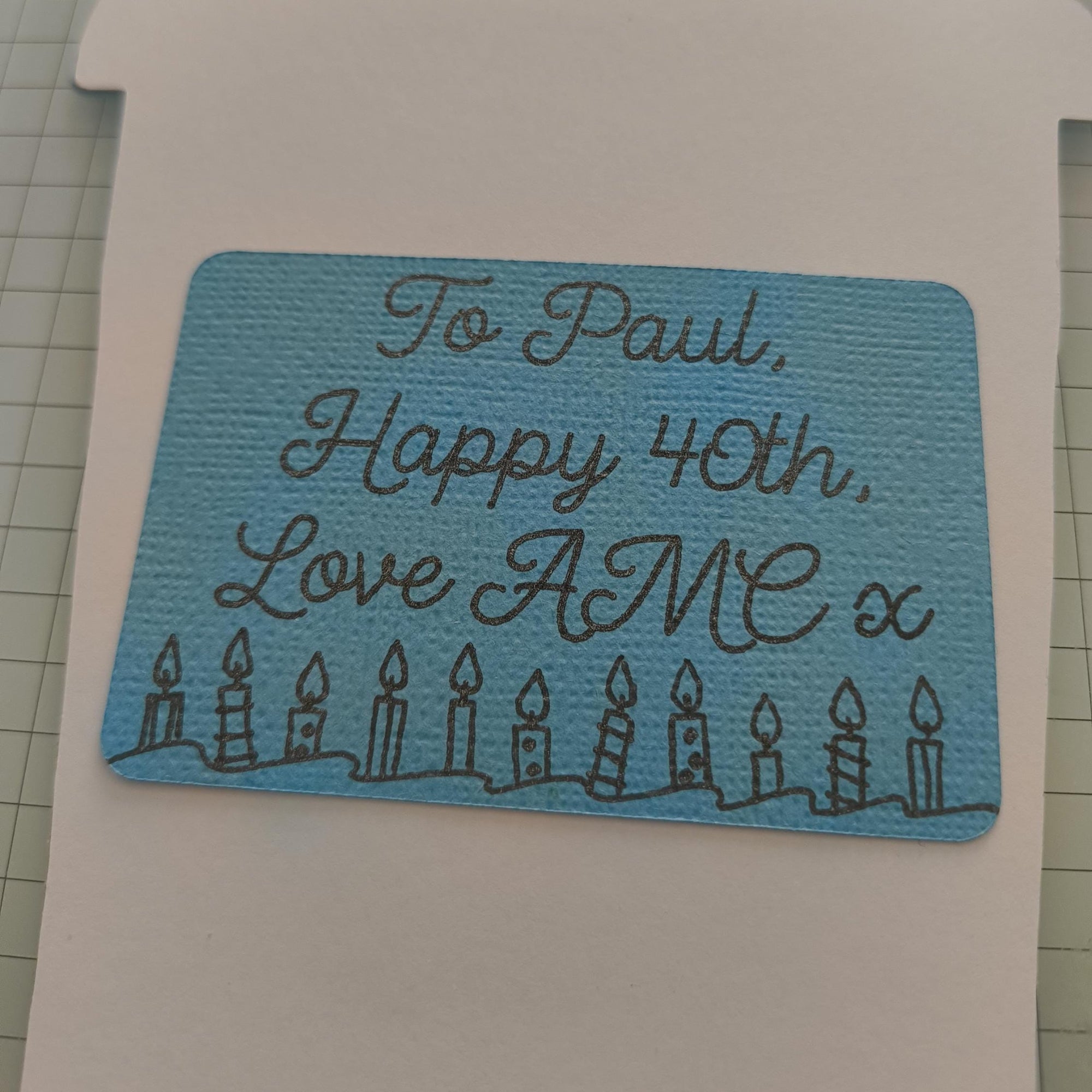 Personalised insert for coffee cup gift card holder in blue with birthday message and candle design.