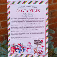 Personalised Letter from Santa Claus with Christmas border, festive snowman and penguin design, and a sweet message congratulating a child for being on the Nice List.