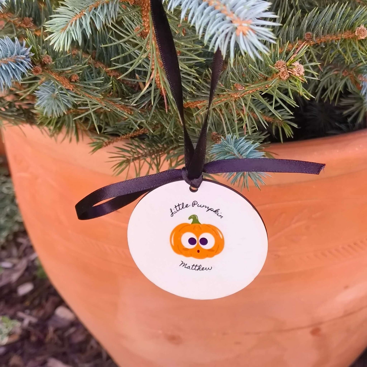 Personalised Halloween Keepsake Bauble featuring a pumpkin design for a festive decoration.