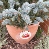 Handmade personalised Christmas bauble with Santa design, hanging from a potted fir tree with rustic twine.