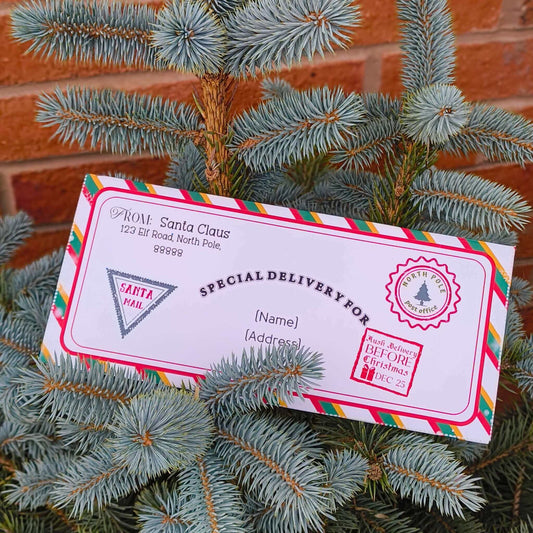 Personalised Santa delivery envelope resting on a Christmas tree with festive decorations and Santa's address.