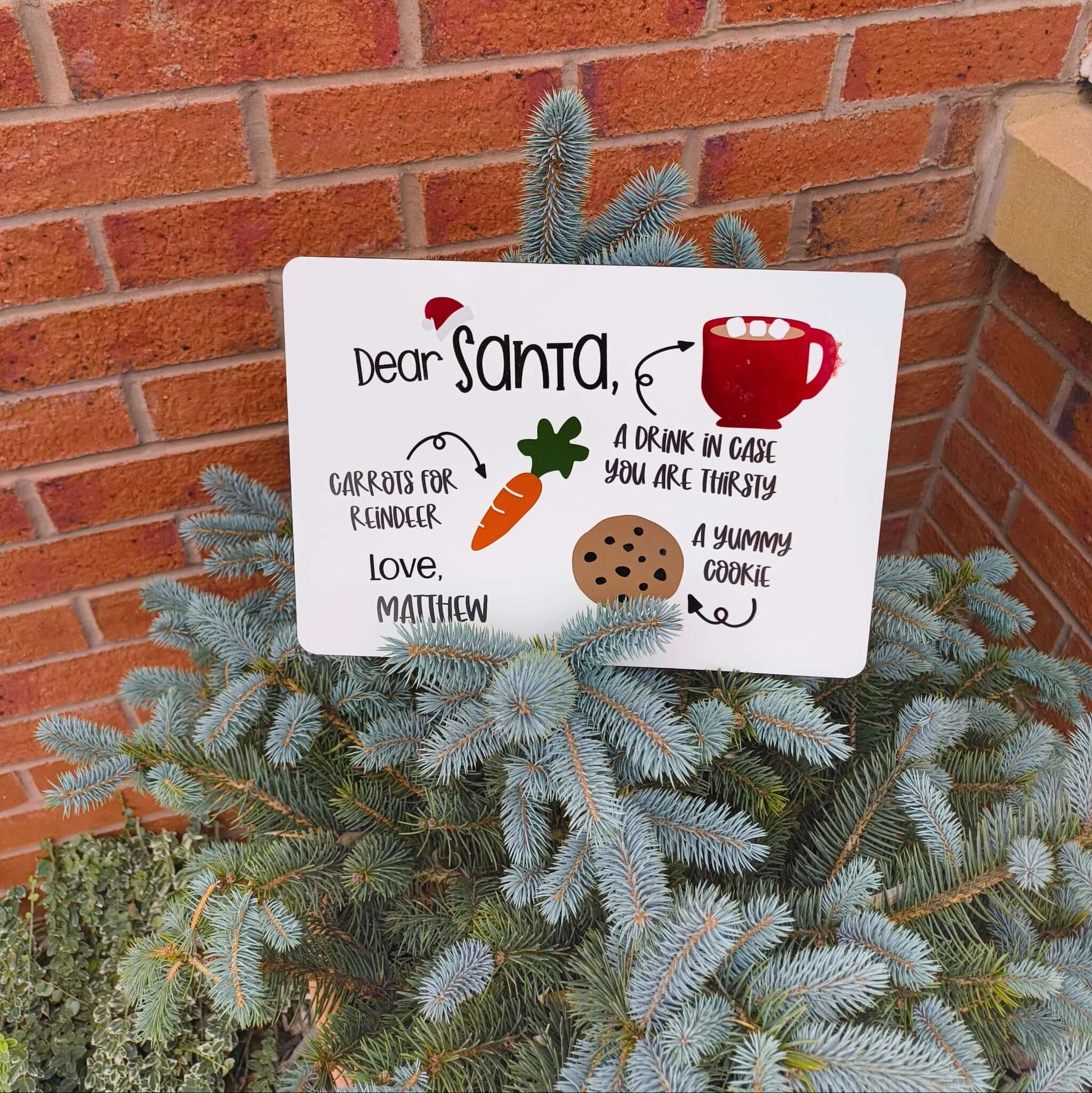 Personalised Santa treat board with festive designs for cookies, drink, and carrots for reindeer, perfect for Christmas Eve.