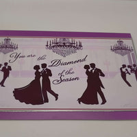 Vintage ballroom dance greeting card featuring elegant couples with chandelier, captioned 'You are the Diamond of the Season'.