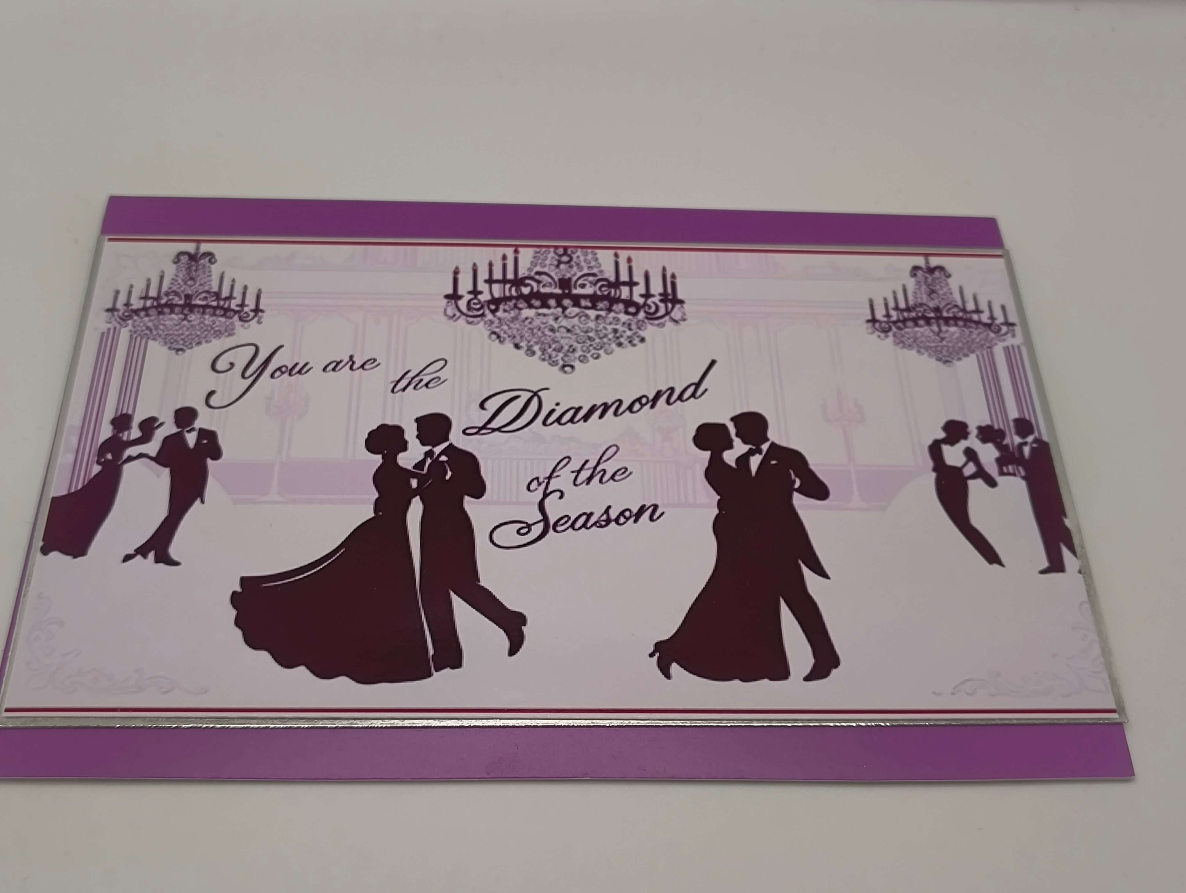 Vintage ballroom dance greeting card featuring elegant couples with chandelier, captioned 'You are the Diamond of the Season'.