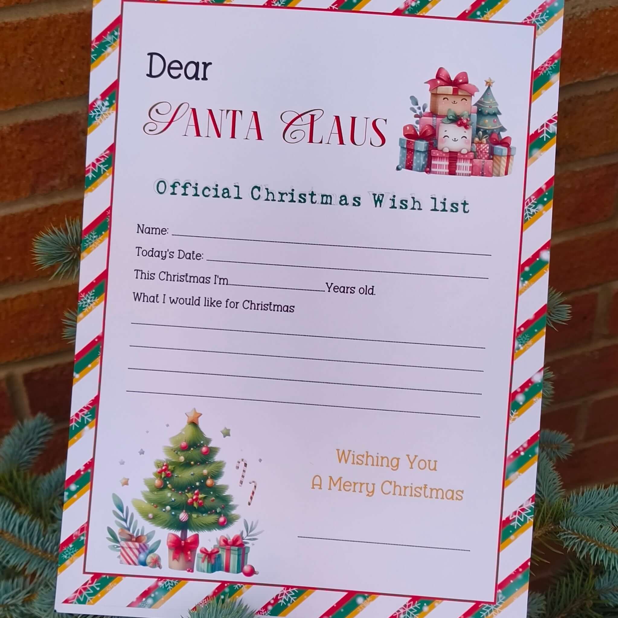 Festive Santa Claus Christmas wish list sheet with colourful candy stripe border, Christmas tree, and section for children to write what they would like for Christmas.