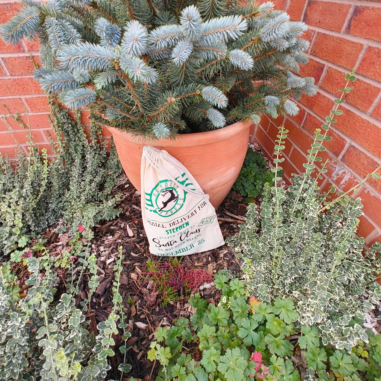 Large personalised Santa delivery sack with reindeer logo and festive green lettering, styled in a garden with plants and a brick wall.