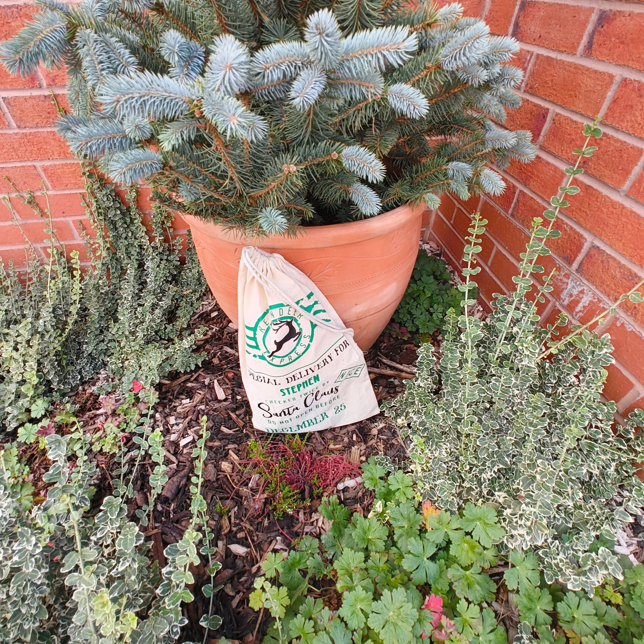 Large personalised Santa delivery sack with reindeer logo and festive green lettering, styled in a garden with plants and a brick wall.