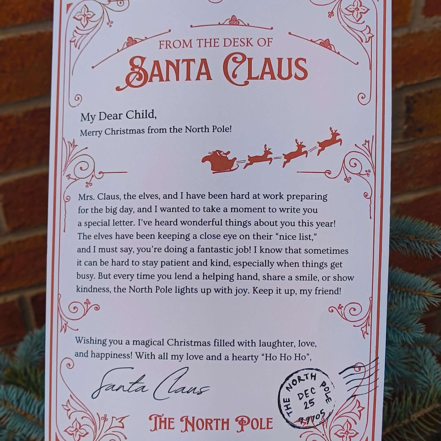 Personalised Santa letter from the North Pole with festive design and heartfelt message for children.