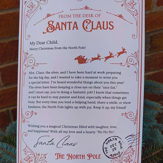 Personalised Santa letter from the North Pole with festive design and heartfelt message for children.