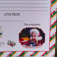 Close-up of Official Santa Claus letter showing photo section for child’s picture, festive design with holly, bell illustration, and colourful candy stripe border.