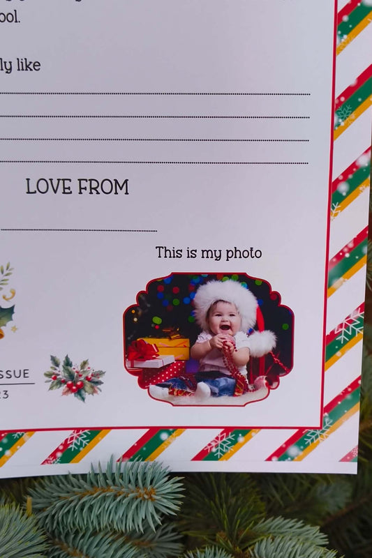Close-up of Official Santa Claus letter showing photo section for child’s picture, festive design with holly, bell illustration, and colourful candy stripe border.