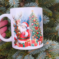 Christmas mug with Santa, reindeer, and decorated Christmas tree design, held outdoors among pine branches