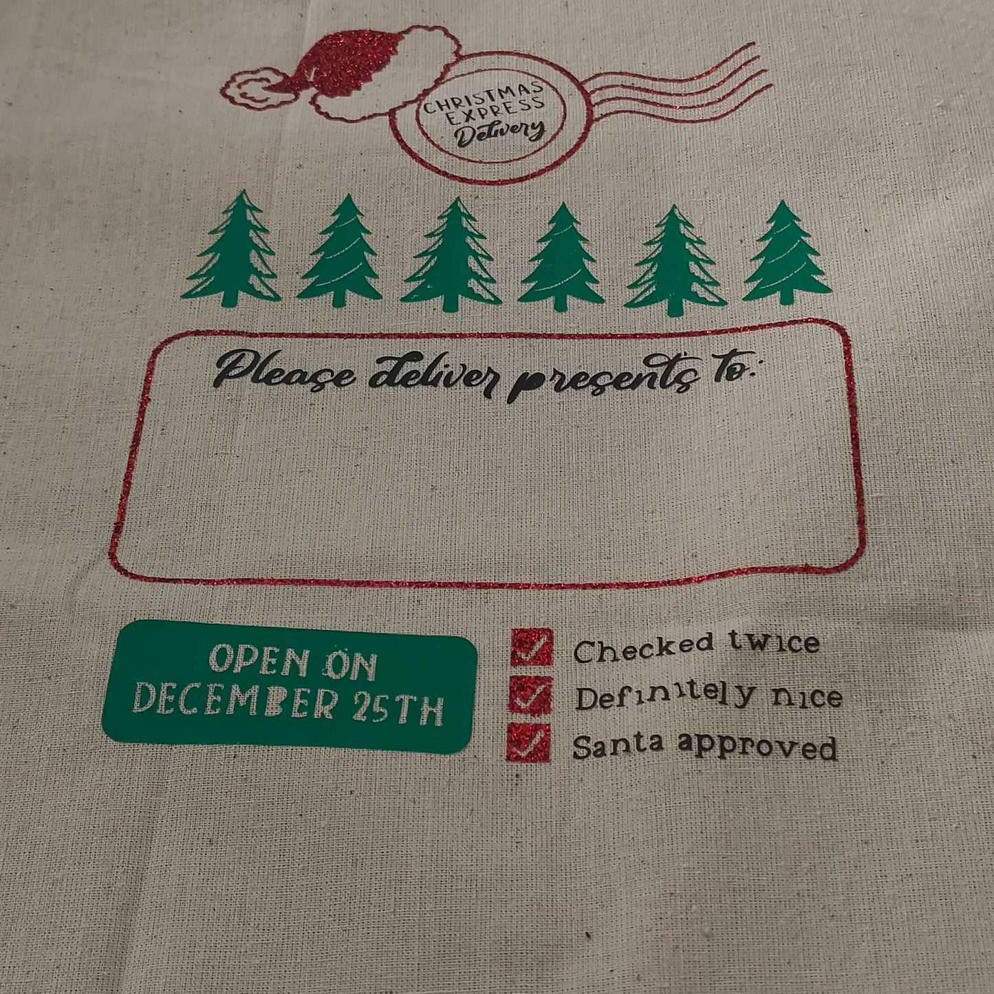 Personalised Santa sack design featuring Christmas delivery motifs and space for a child's name.