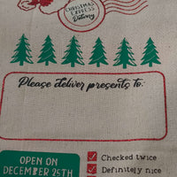 Personalised Santa sack design featuring Christmas delivery theme and checks for nice children.