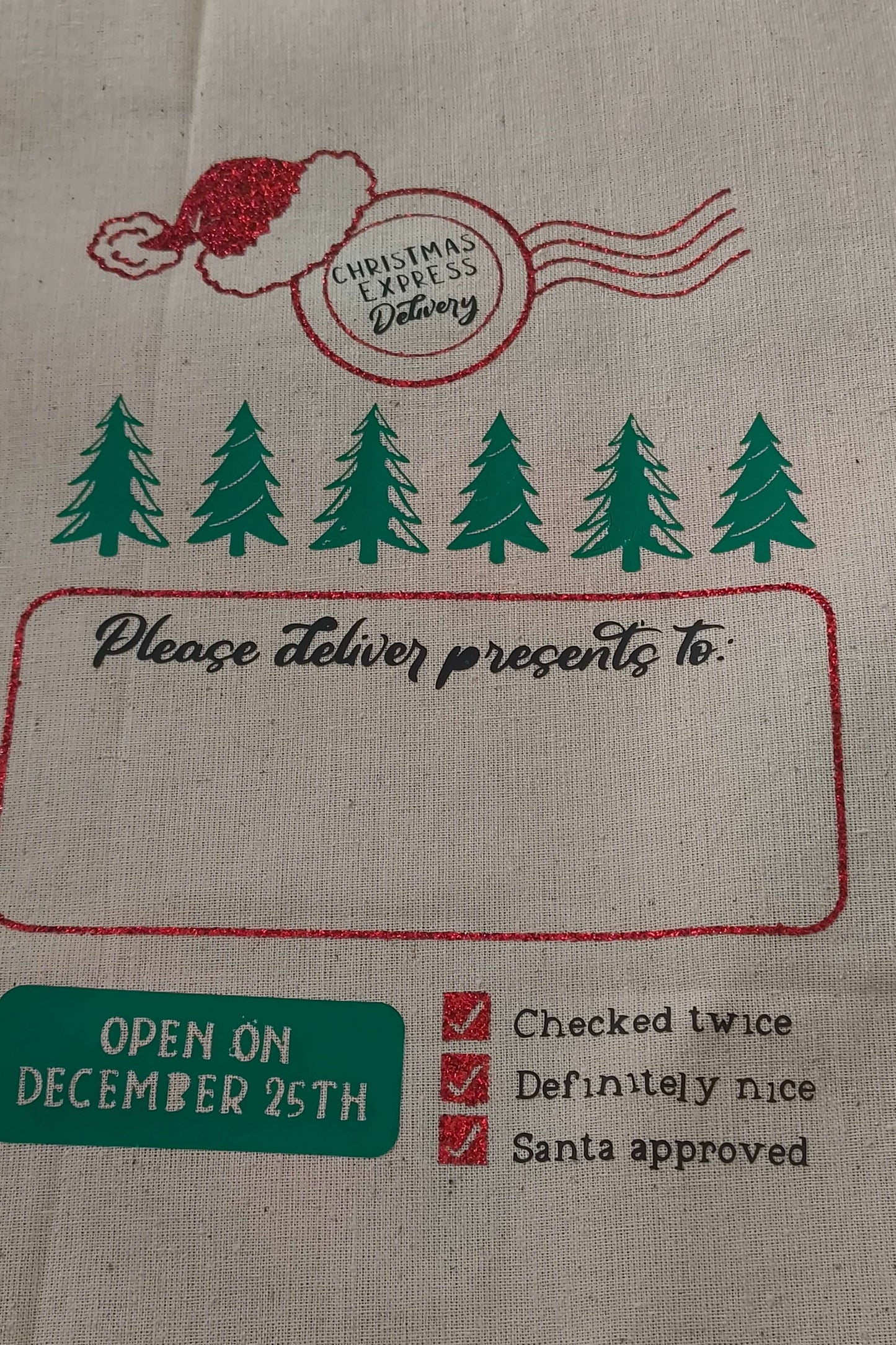 Personalised Santa sack design featuring Christmas delivery theme and checks for nice children.