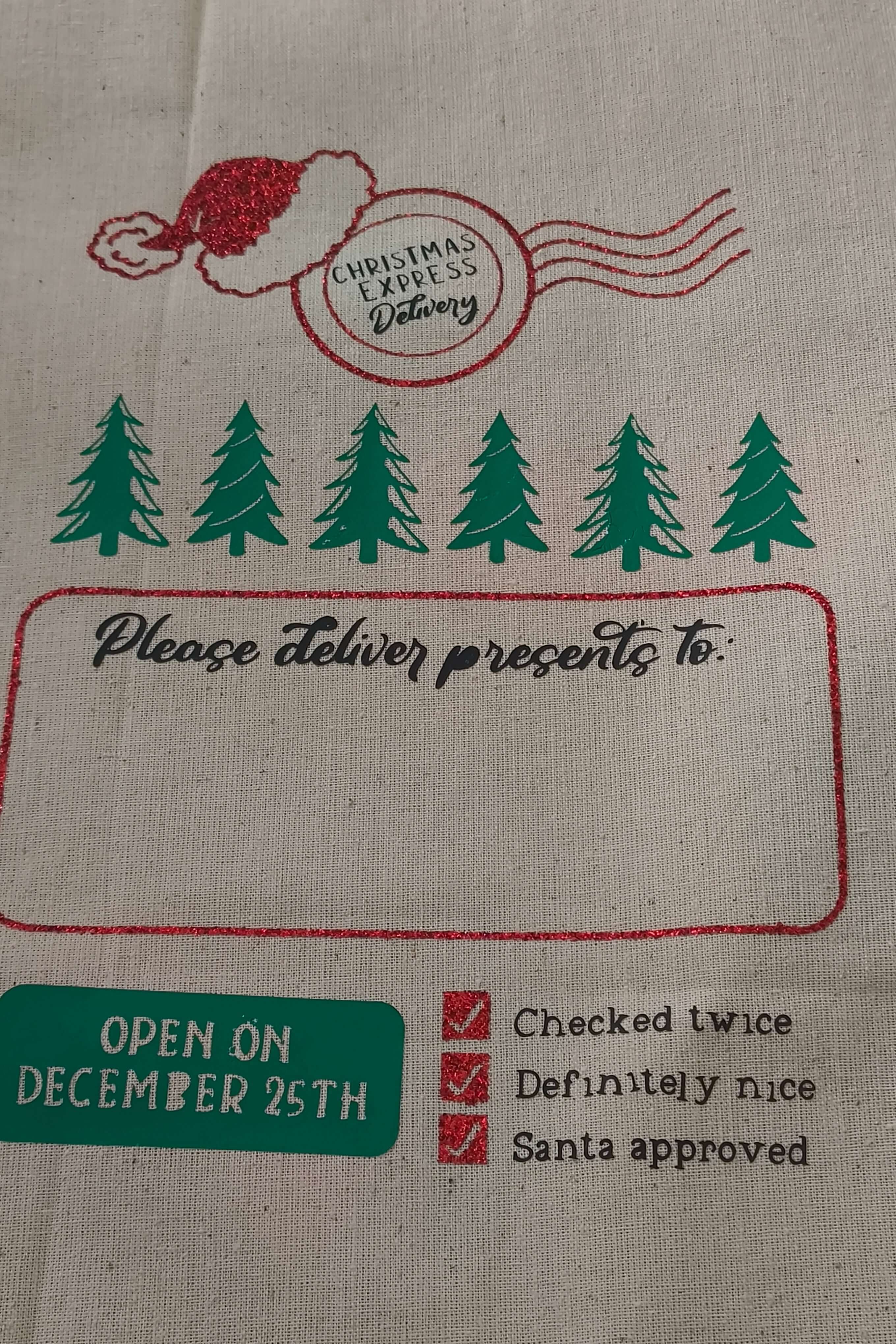 Personalised Santa sack design featuring Christmas delivery theme and checks for nice children.