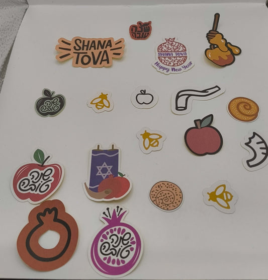 A full sticker sheet featuring Shana Tova designs for Rosh Hashanah, including apples, honey, bees, pomegranates, shofar, and Torah scroll illustrations.