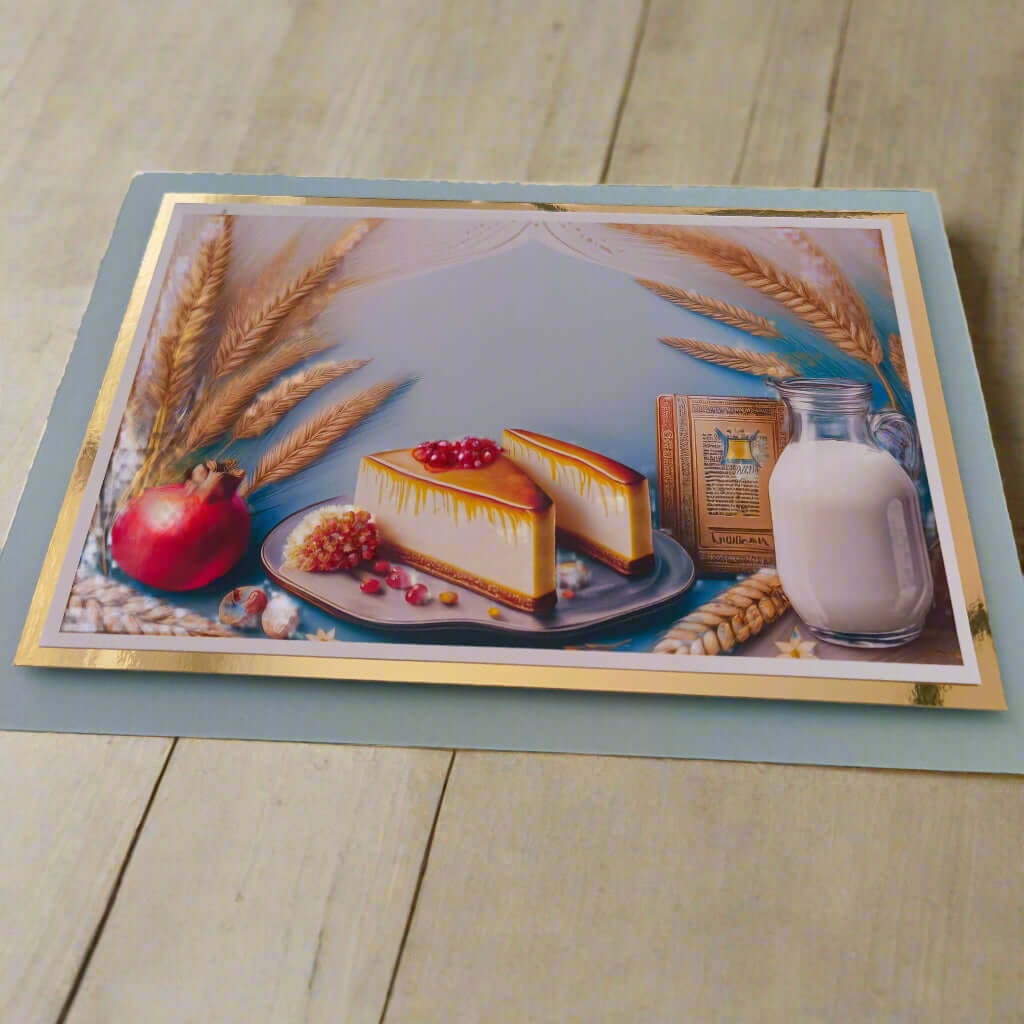 Handmade Shavuot greeting card featuring a cheesecake, milk jug, pomegranate, wheat stalks, and a prayer book, displayed on a rustic wooden surface with a soft blue background.