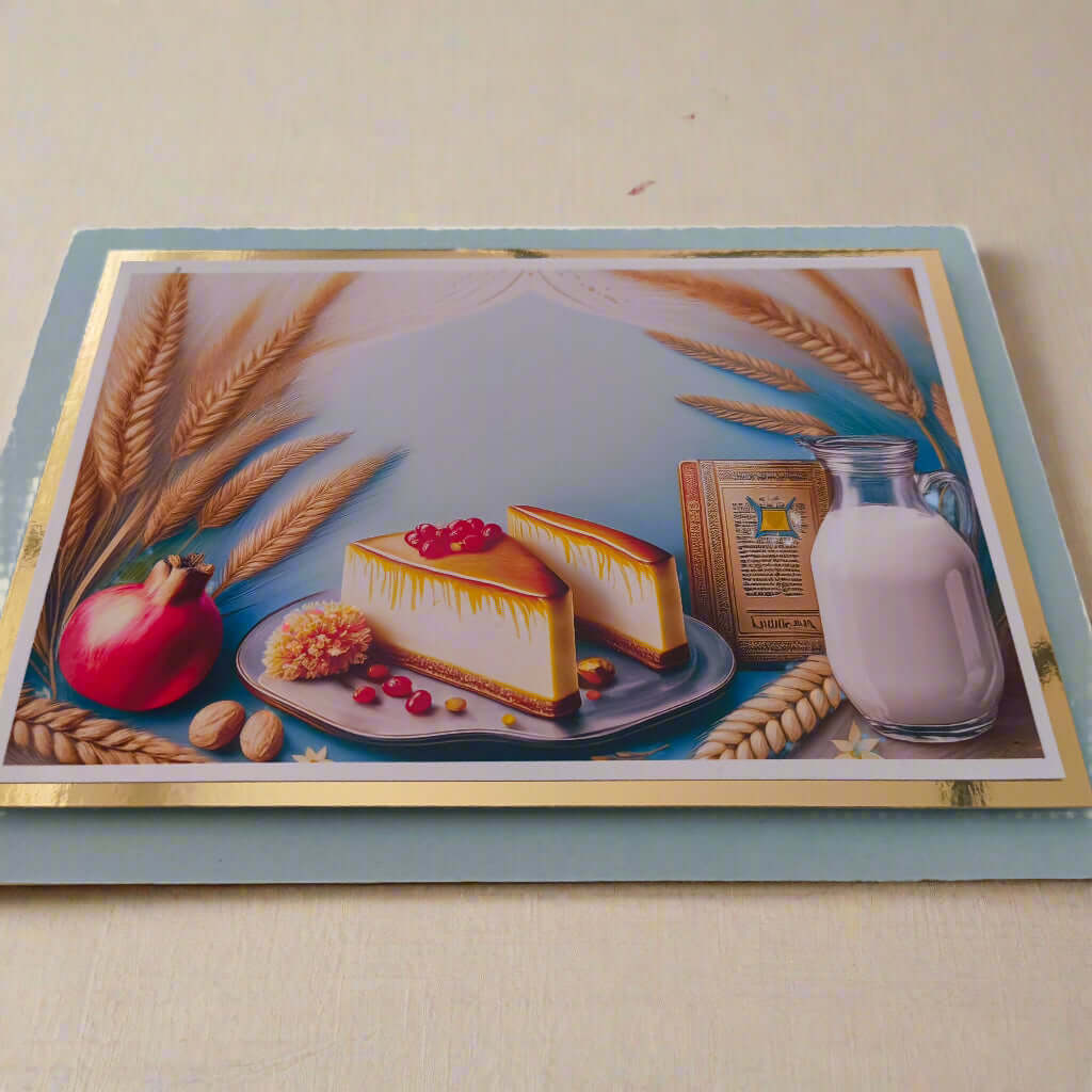 Handmade Shavuot greeting card featuring a cheesecake, milk jug, wheat stalks, pomegranate, and prayer book, displayed on a soft cream fabric background.