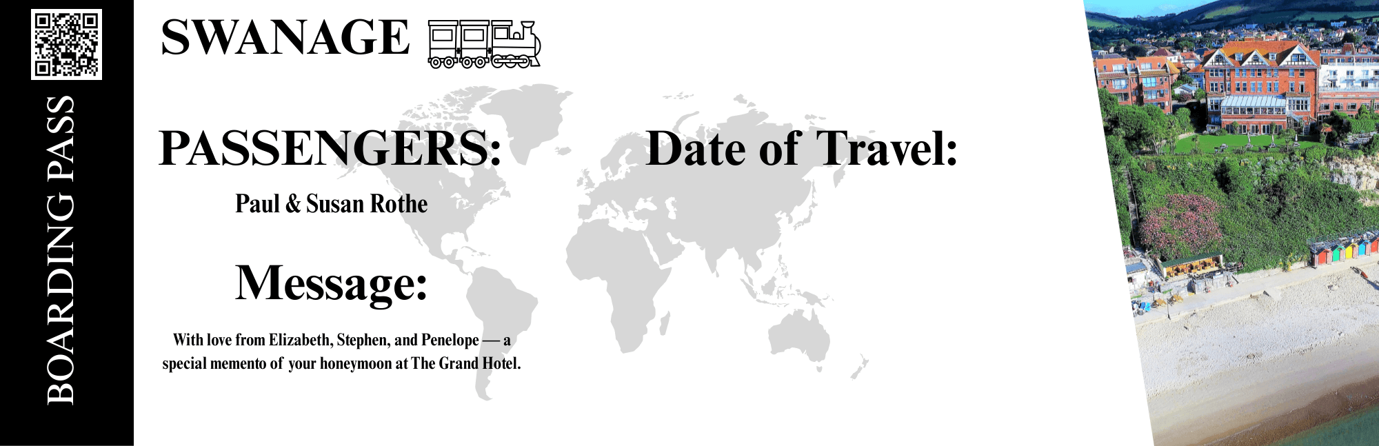 Personalised Swanage boarding pass gift card with passengers’ names, message of love, and The Grand Hotel image, a special keepsake memento