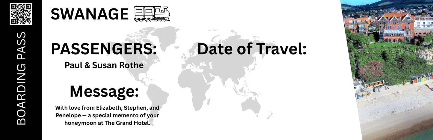 Swanage boarding pass gift card keepsake with train motif, passenger names, heartfelt message, and The Grand Hotel photograph, designed as a honeymoon memento.